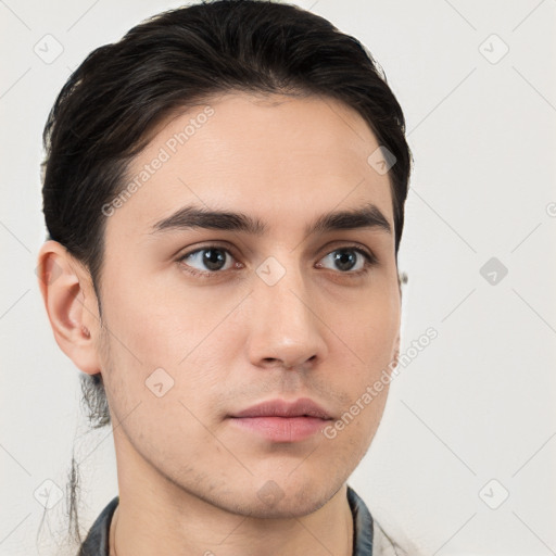 Neutral white young-adult male with short  brown hair and brown eyes