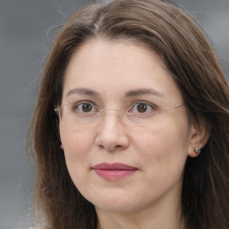 Joyful white adult female with long  brown hair and brown eyes