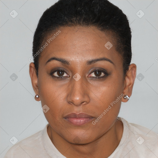 Neutral black young-adult female with short  brown hair and brown eyes