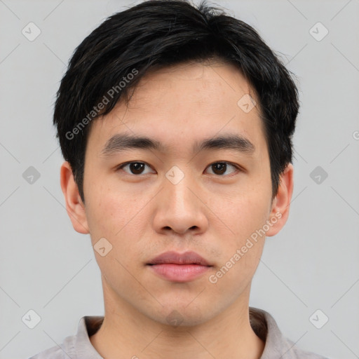 Neutral asian young-adult male with short  black hair and brown eyes