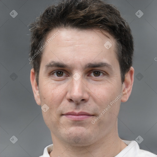 Neutral white adult male with short  brown hair and brown eyes