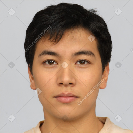 Neutral asian young-adult male with short  black hair and brown eyes