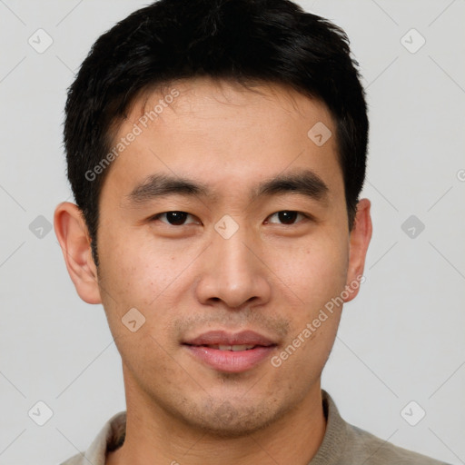 Neutral asian young-adult male with short  black hair and brown eyes