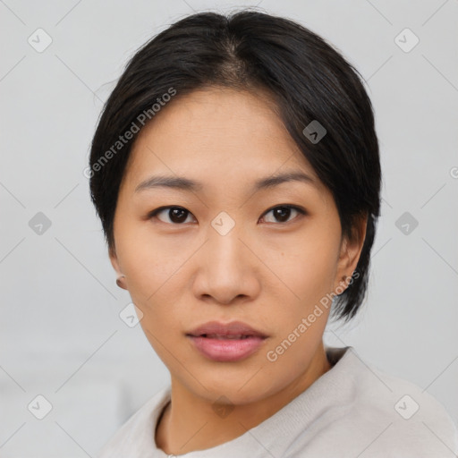 Neutral asian young-adult female with short  black hair and brown eyes