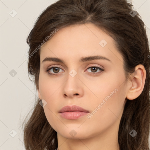 Neutral white young-adult female with long  brown hair and brown eyes