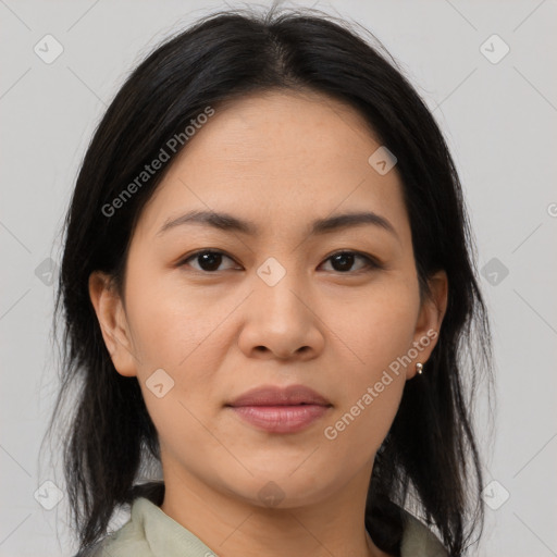 Joyful asian young-adult female with medium  brown hair and brown eyes