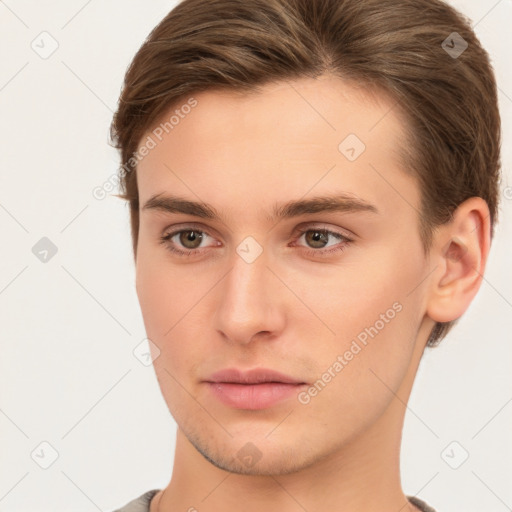 Neutral white young-adult male with short  brown hair and brown eyes