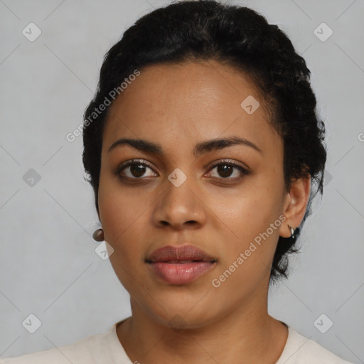 Neutral latino young-adult female with short  black hair and brown eyes