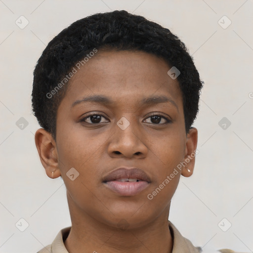 Neutral black young-adult female with short  brown hair and brown eyes