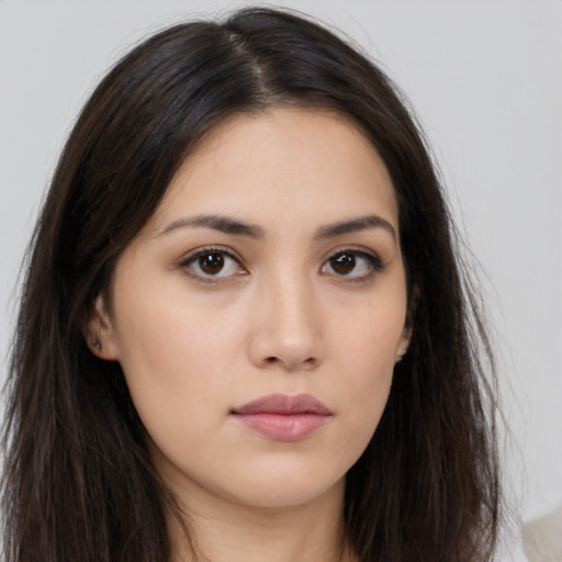 Neutral asian young-adult female with long  brown hair and brown eyes