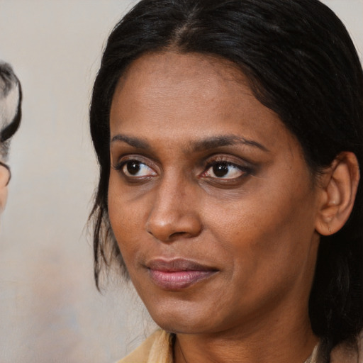 Joyful black adult female with medium  brown hair and brown eyes