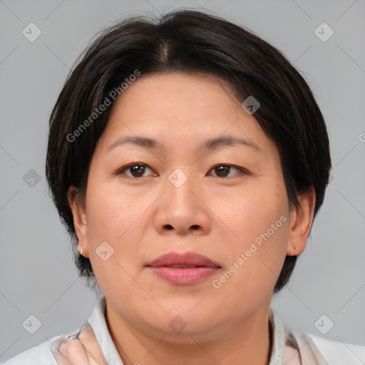 Joyful asian adult female with medium  brown hair and brown eyes