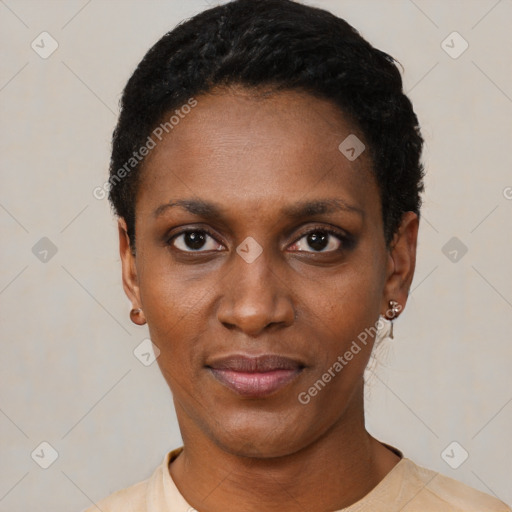 Neutral black young-adult female with short  black hair and brown eyes