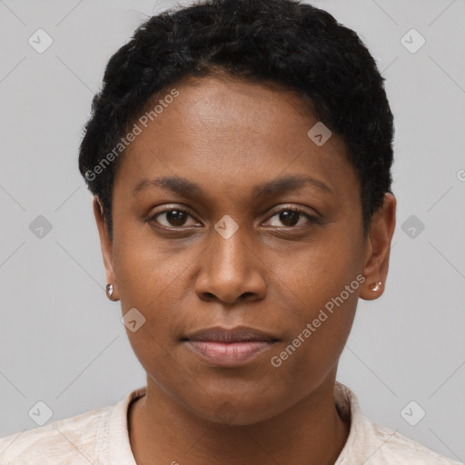 Neutral black young-adult female with short  brown hair and brown eyes