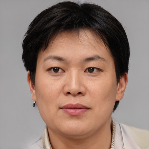 Joyful asian adult female with medium  brown hair and brown eyes