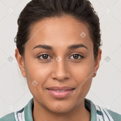 Joyful white young-adult female with short  brown hair and brown eyes