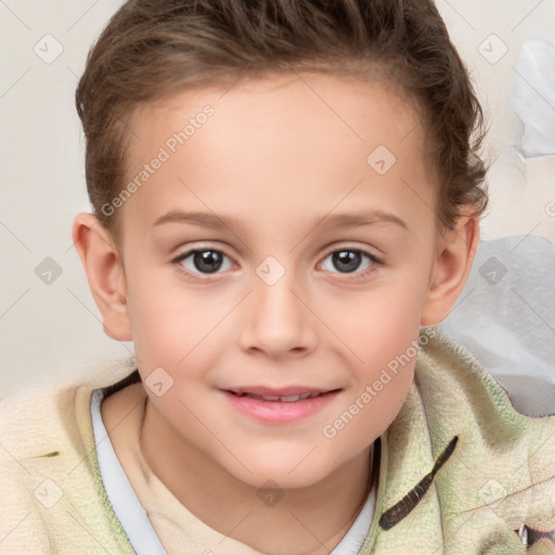 Joyful white child female with short  brown hair and brown eyes