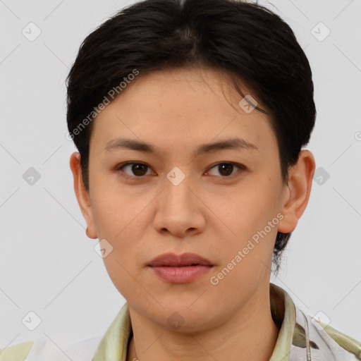Neutral white young-adult female with short  brown hair and brown eyes