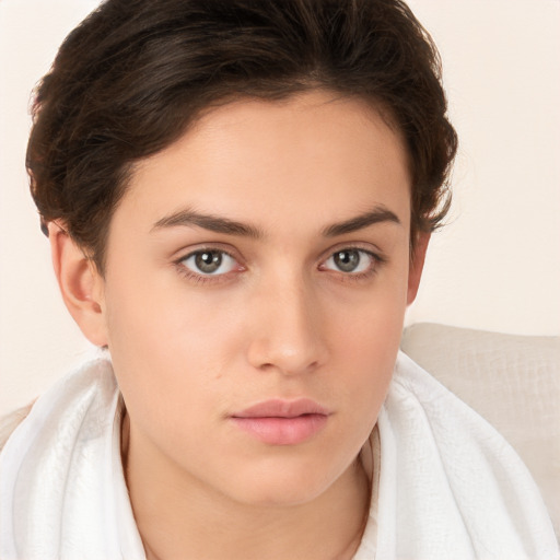 Neutral white young-adult female with medium  brown hair and brown eyes