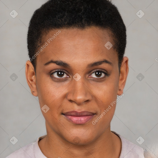 Joyful black young-adult female with short  brown hair and brown eyes