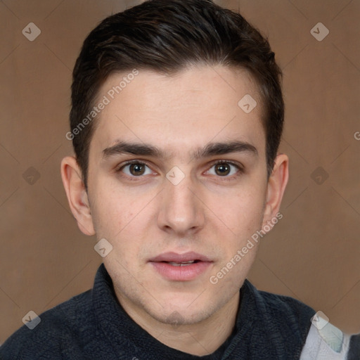 Neutral white young-adult male with short  brown hair and brown eyes