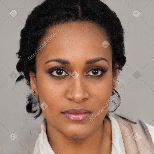 Joyful black young-adult female with medium  black hair and brown eyes