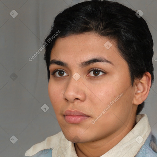 Neutral white young-adult female with short  brown hair and brown eyes