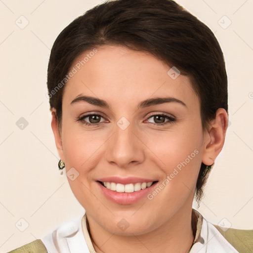 Joyful white young-adult female with medium  brown hair and brown eyes