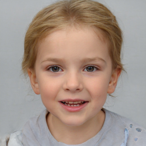 Joyful white child female with medium  brown hair and blue eyes