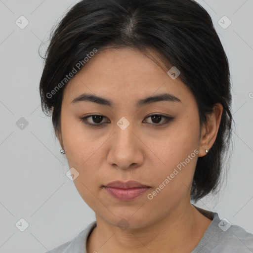 Neutral asian young-adult female with medium  brown hair and brown eyes