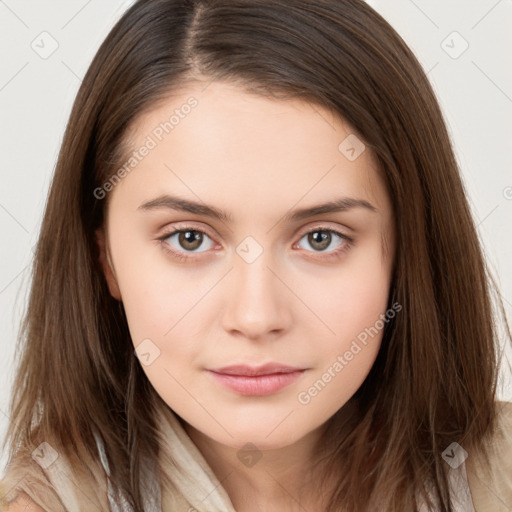 Neutral white young-adult female with long  brown hair and brown eyes