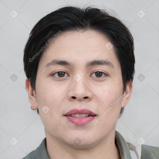 Joyful white young-adult male with short  black hair and brown eyes