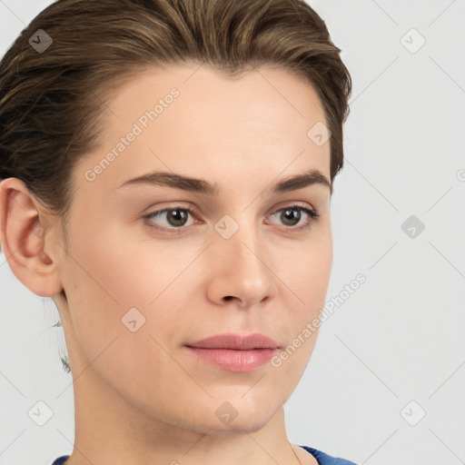 Neutral white young-adult female with short  brown hair and brown eyes