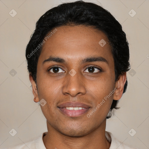 Joyful latino young-adult male with short  black hair and brown eyes