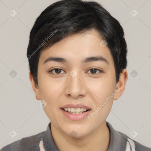 Joyful white young-adult male with short  black hair and brown eyes