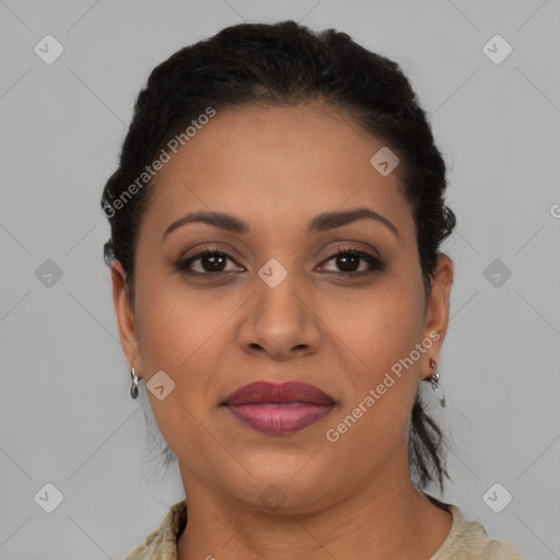 Joyful latino young-adult female with short  brown hair and brown eyes