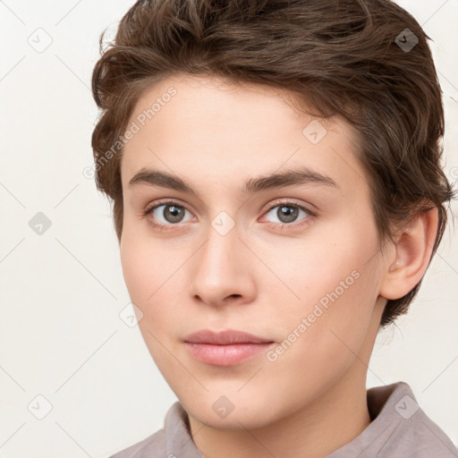 Neutral white young-adult female with short  brown hair and brown eyes