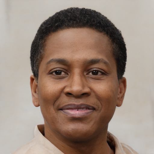 Joyful black young-adult male with short  brown hair and brown eyes