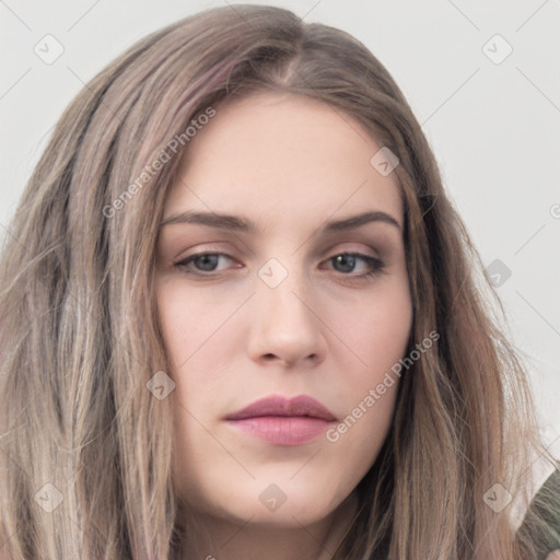 Neutral white young-adult female with long  brown hair and grey eyes