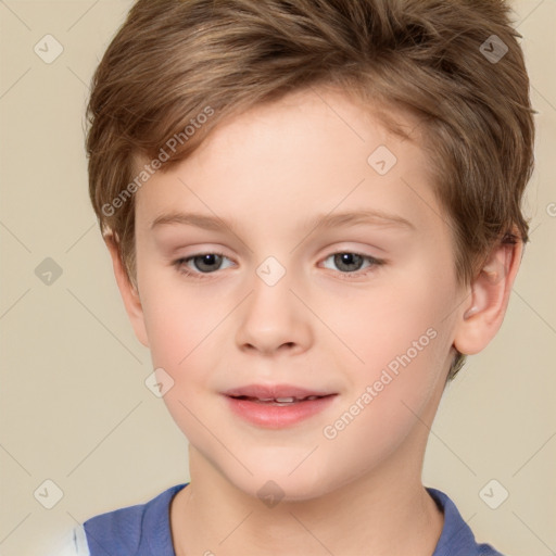 Joyful white child female with short  brown hair and brown eyes