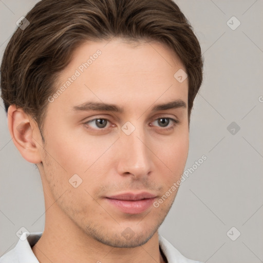 Neutral white young-adult male with short  brown hair and brown eyes