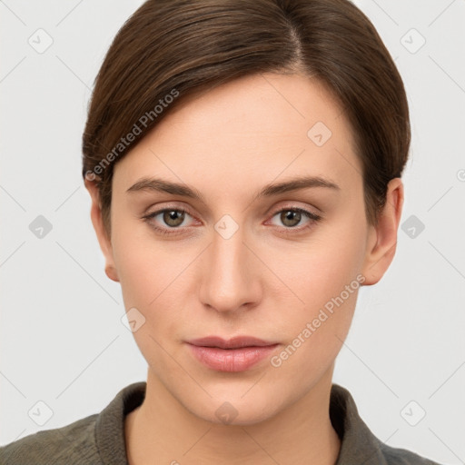 Neutral white young-adult female with short  brown hair and brown eyes