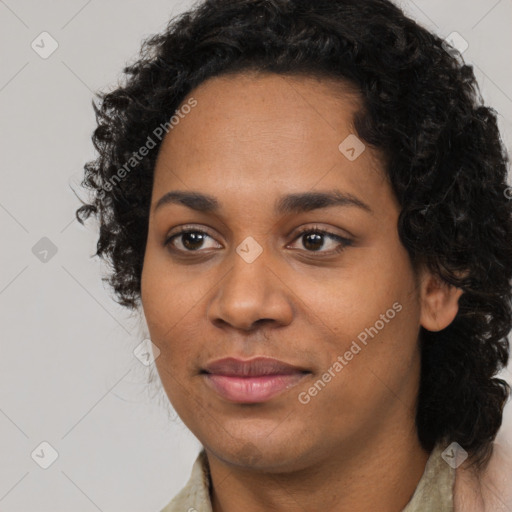 Joyful latino young-adult female with long  black hair and brown eyes