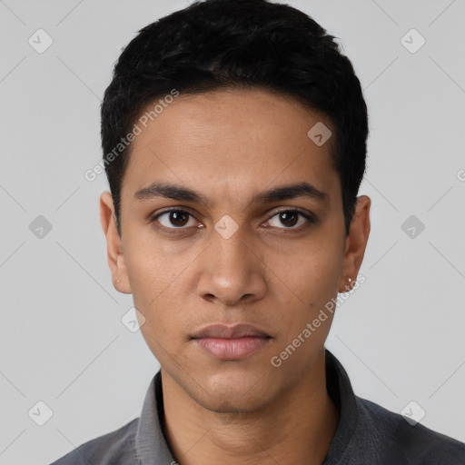 Neutral latino young-adult male with short  black hair and brown eyes