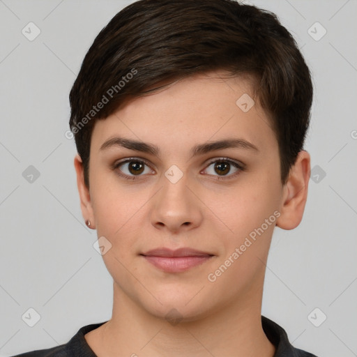 Neutral white young-adult female with short  brown hair and brown eyes