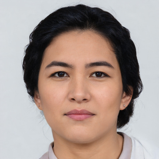 Neutral asian young-adult female with medium  black hair and brown eyes