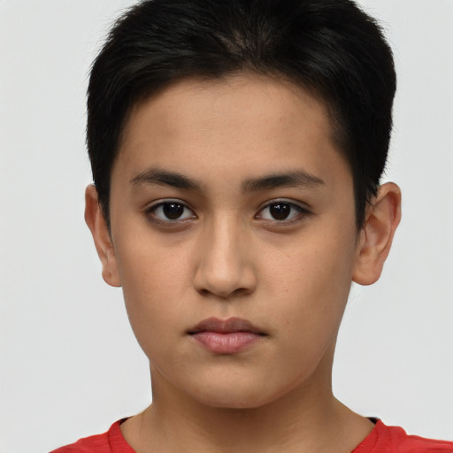 Neutral latino young-adult female with short  brown hair and brown eyes