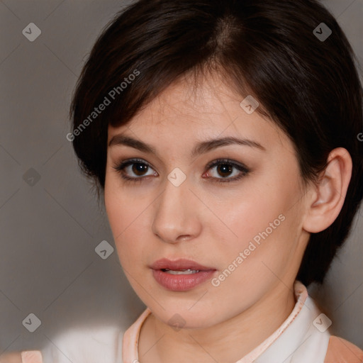 Neutral white young-adult female with medium  brown hair and brown eyes