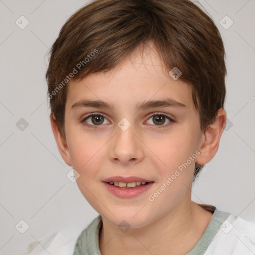 Joyful white child female with short  brown hair and brown eyes