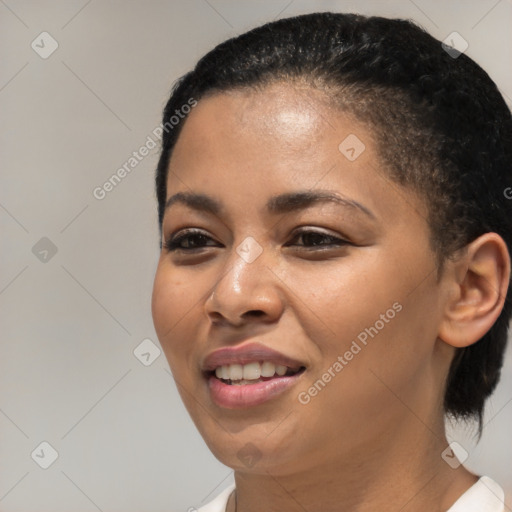 Joyful latino young-adult female with medium  brown hair and brown eyes